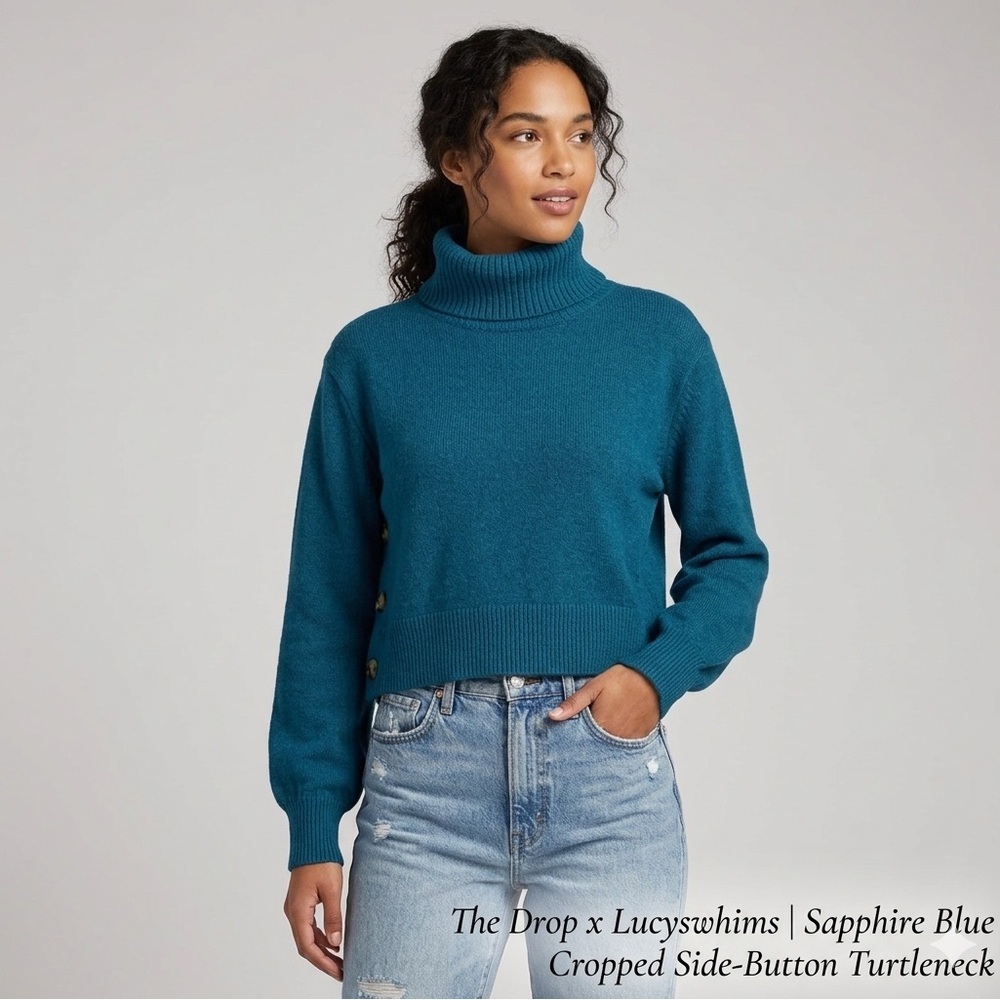 The Drop x Lucyswhims Teal Cropped Turtleneck Button Sweater - Small
